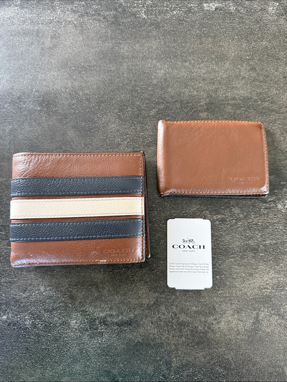 Coach Brown Leather Men's Wallet Set with Navy and Cream Stripes